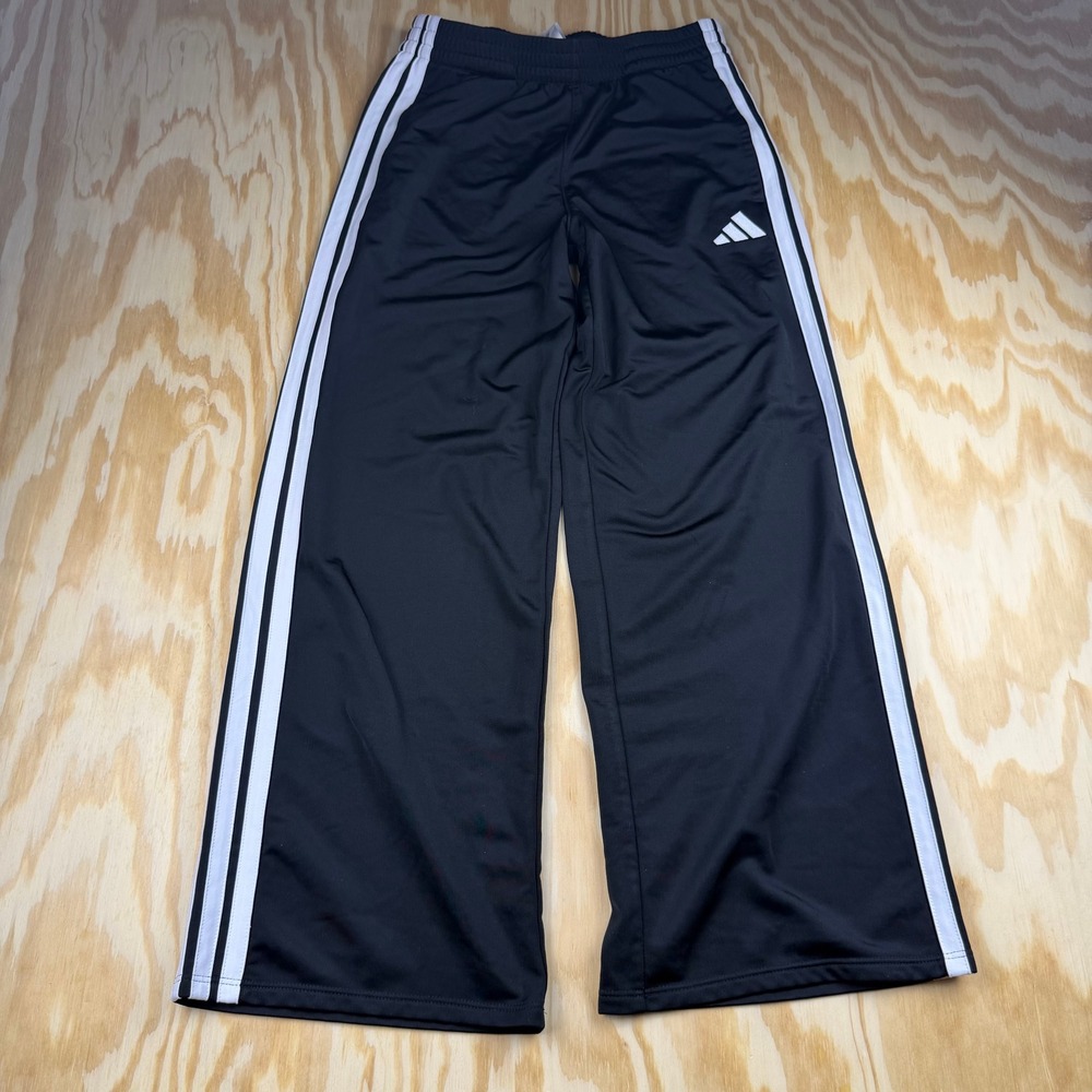 Adidas Girls Black Wide Leg Track Pants White Stripes Size M 10/12 AK10656